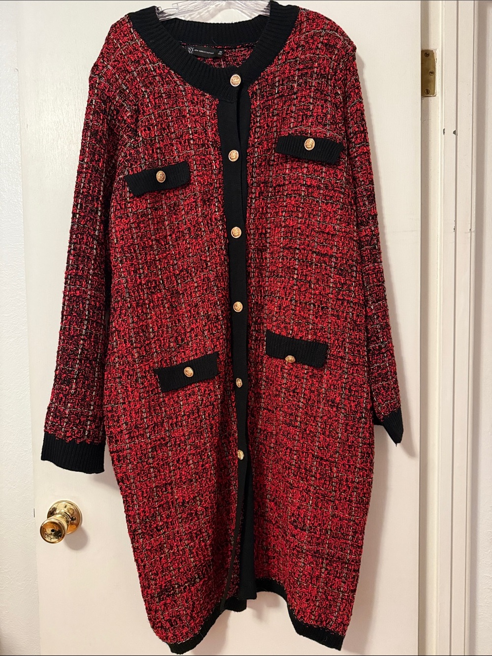 New York & Company Red Black Tweed Sweater Dress New Gold Buttons Chanel 3X Plus